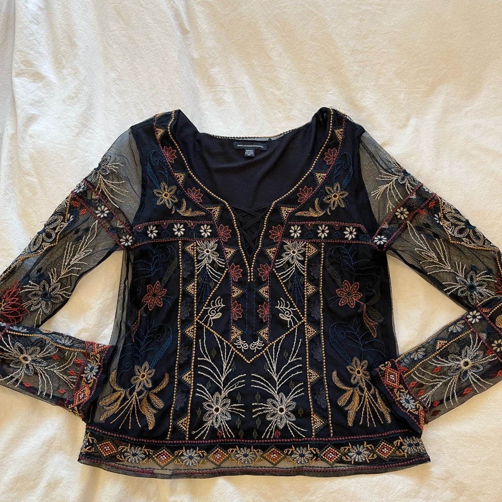 Size Small American Eagle Embroidered Mesh Long Sleeve Shirt